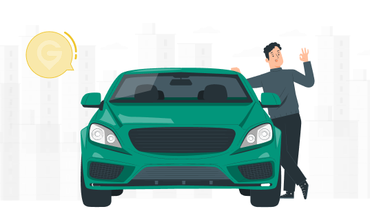 Green car with driver waving